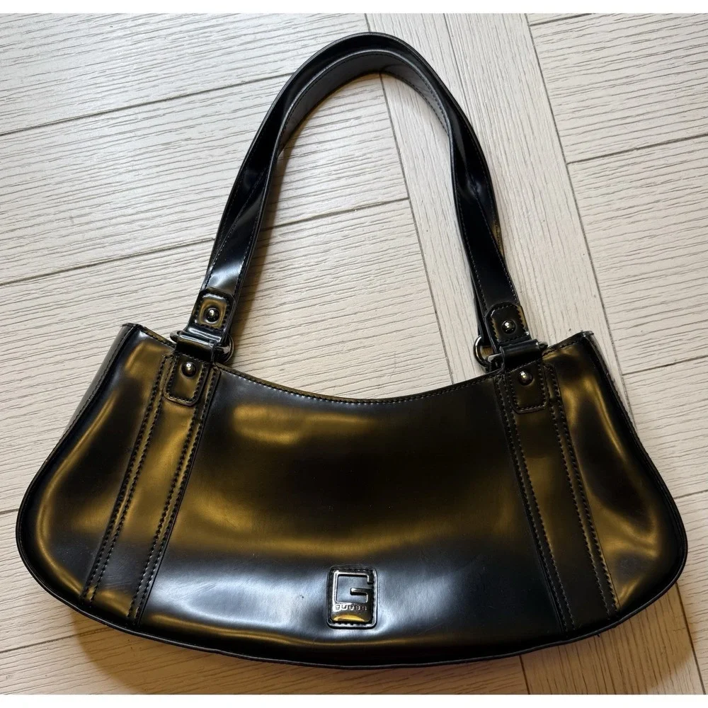 Guess Patent Faux Leather Black Y2k Double Handle Shoulder Bag Zip Close Boho